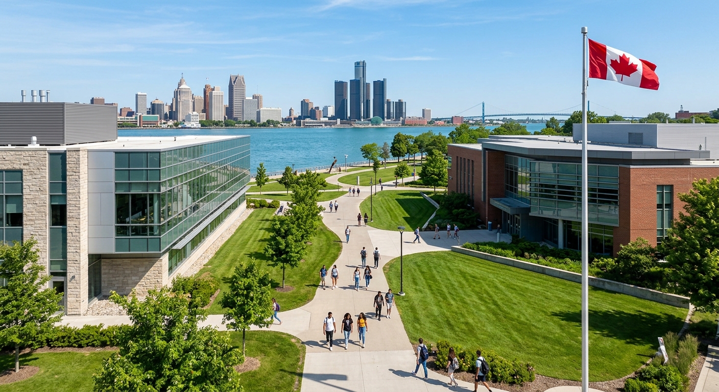 University of Windsor campus along the Detroit River in Ontario Canada, modern academic buildings with green lawns, students walking between lecture halls, clear sky with Canadian flag visible