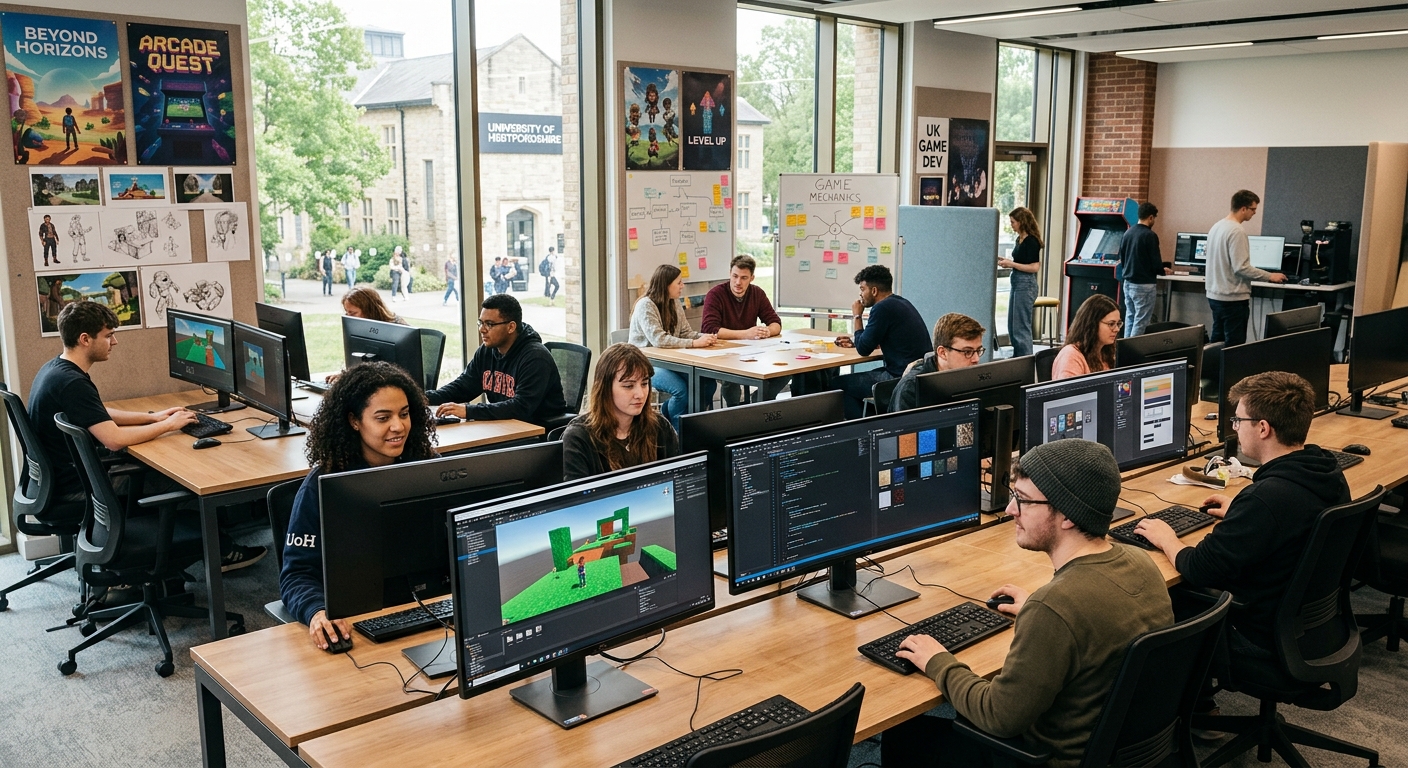 Modern game design studio with students working at dual-monitor workstations, game prototypes displayed on screens, creative artwork on walls, collaborative workspace with natural lighting at a UK campus