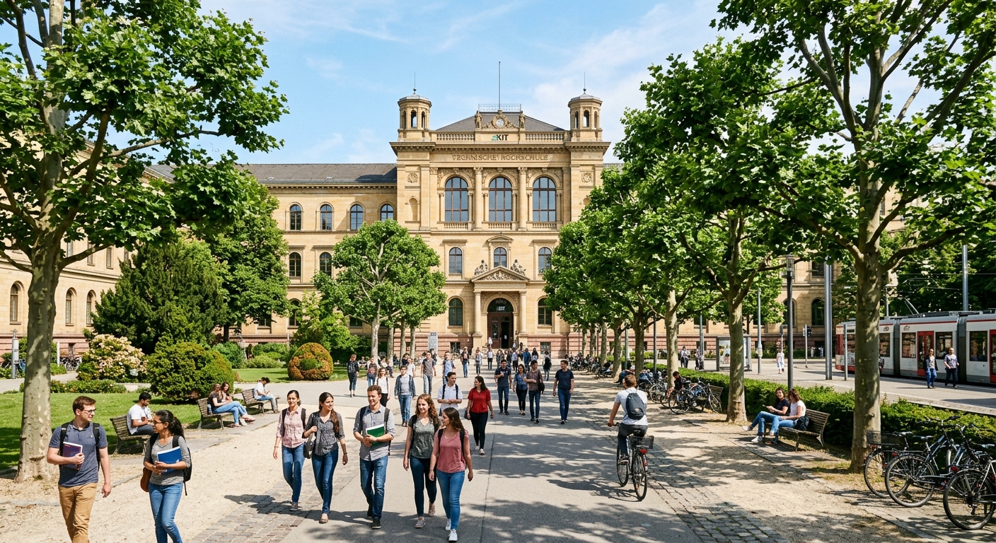 KIT Campus South main building on Kaiserstrasse with historic Hübsch-designed facade, students walking through tree-lined courtyard, sunny day in Karlsruhe