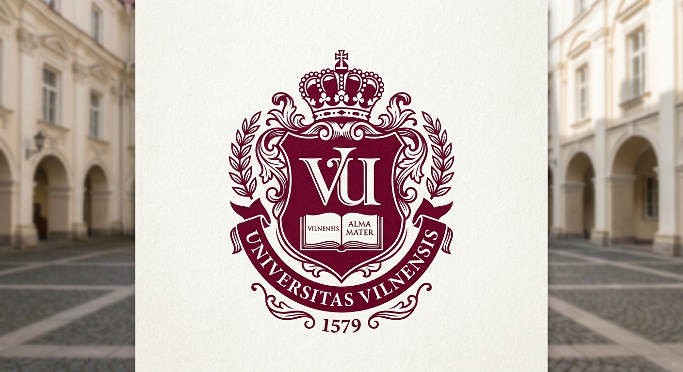 Vilnius University official logo, stylized VU monogram with traditional university crest, deep red and white color scheme