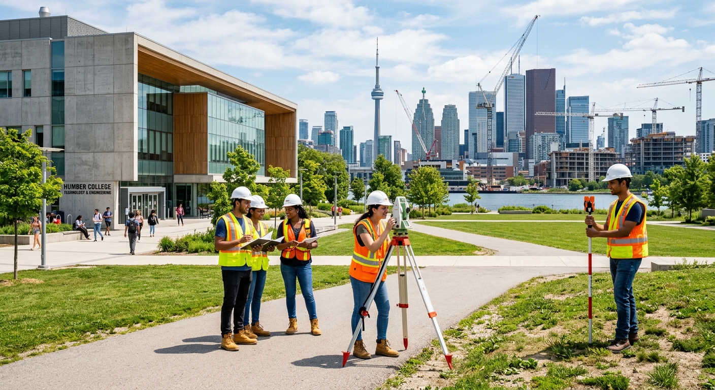 Modern polytechnic campus building with civil engineering students working on surveying equipment outdoors, construction cranes visible in the background, Toronto skyline, sunny day