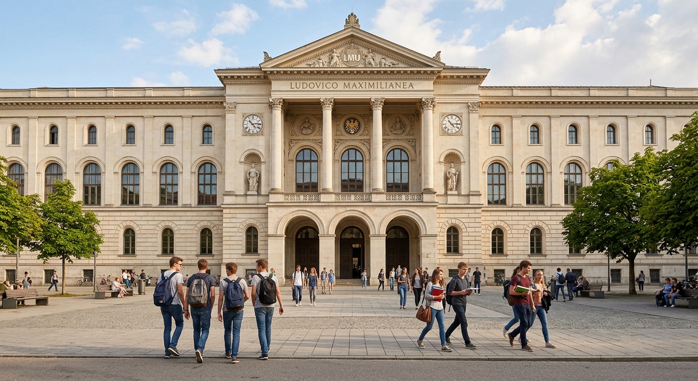 LMU Munich main building facade on Geschwister-Scholl-Platz, neoclassical architecture with grand arched entrance, students walking across the plaza, warm daylight