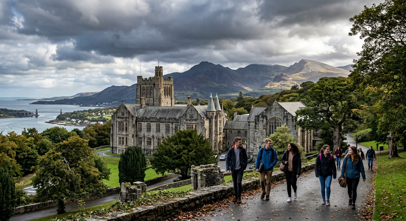 Bangor University historic campus buildings with Snowdonia mountains in the background, students walking along tree-lined paths in North Wales, dramatic sky over the Menai Strait coastline