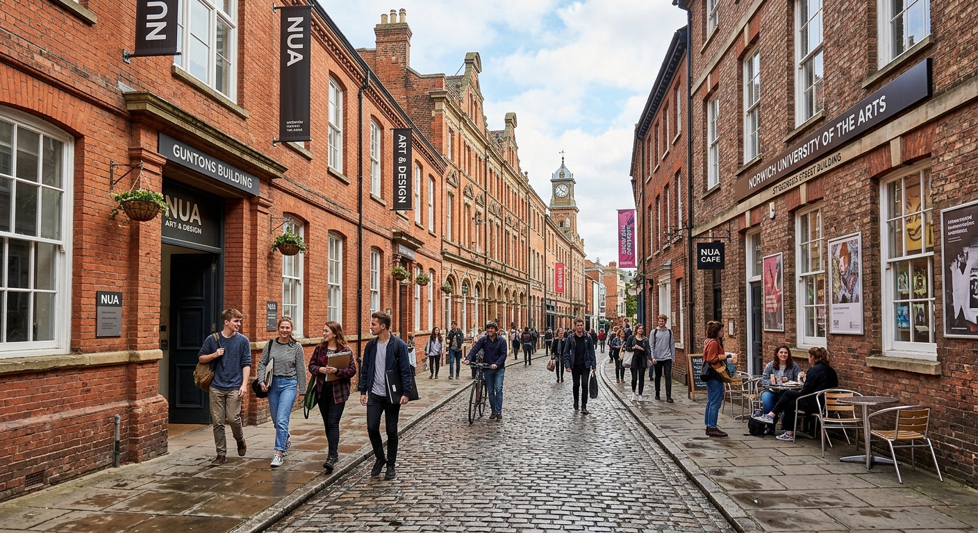 Norwich University of the Arts St Georges Street campus buildings, pedestrianised street with historic brick facades, students walking between creative studios, vibrant cultural quarter atmosphere