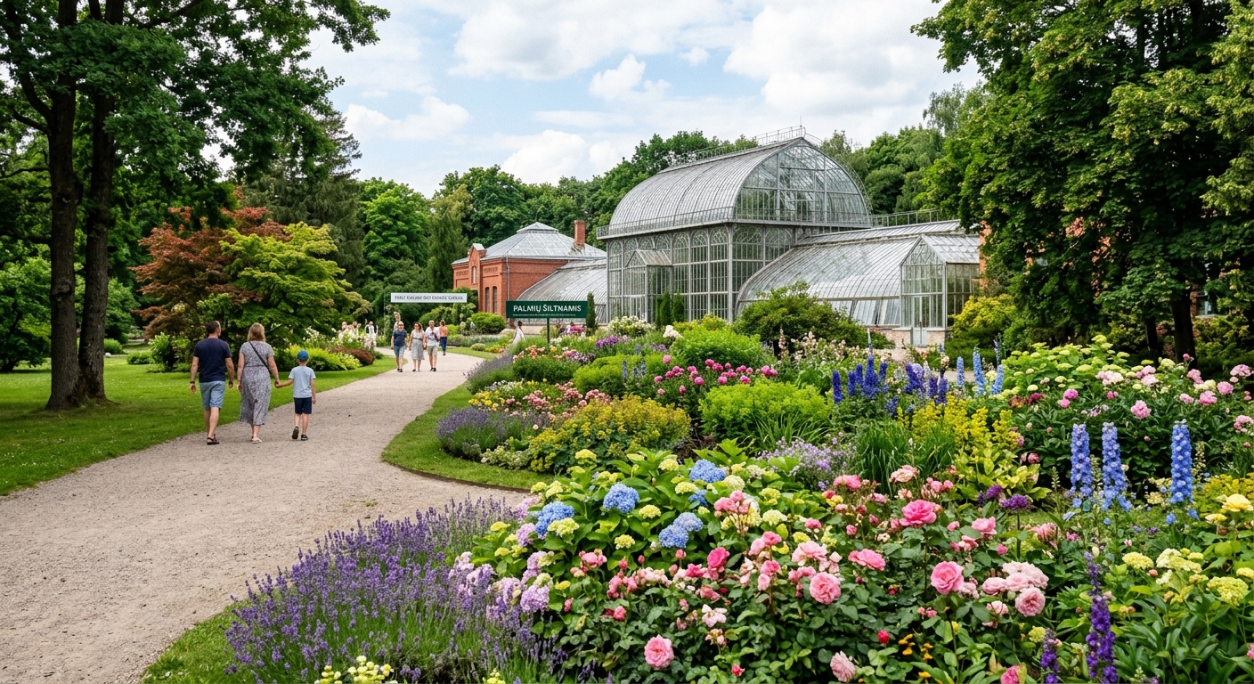 VMU Kaunas Botanical Garden with lush greenery, colorful flower beds, walking paths, and greenhouse structures in the background