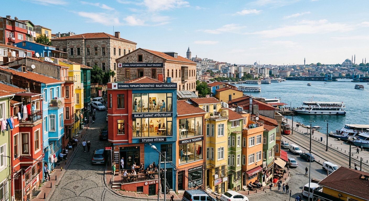Balat campus of Istanbul Topkapı University overlooking the Golden Horn waterfront, historic neighborhood with colorful buildings, art studios visible through windows