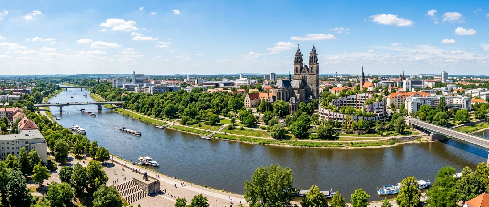 Panoramic cityscape of Magdeburg, Germany showing the Elbe River, Magdeburg Cathedral, green parks, and modern city buildings under a bright sky