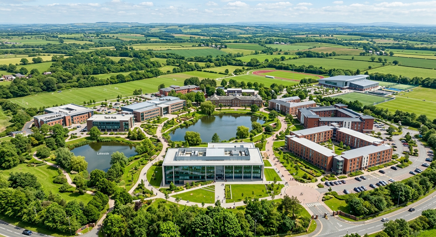 Edge Hill University Ormskirk campus aerial view, 160-acre green parkland with modern academic buildings, lakes, tree-lined pathways, Lancashire countryside in background, bright daylight