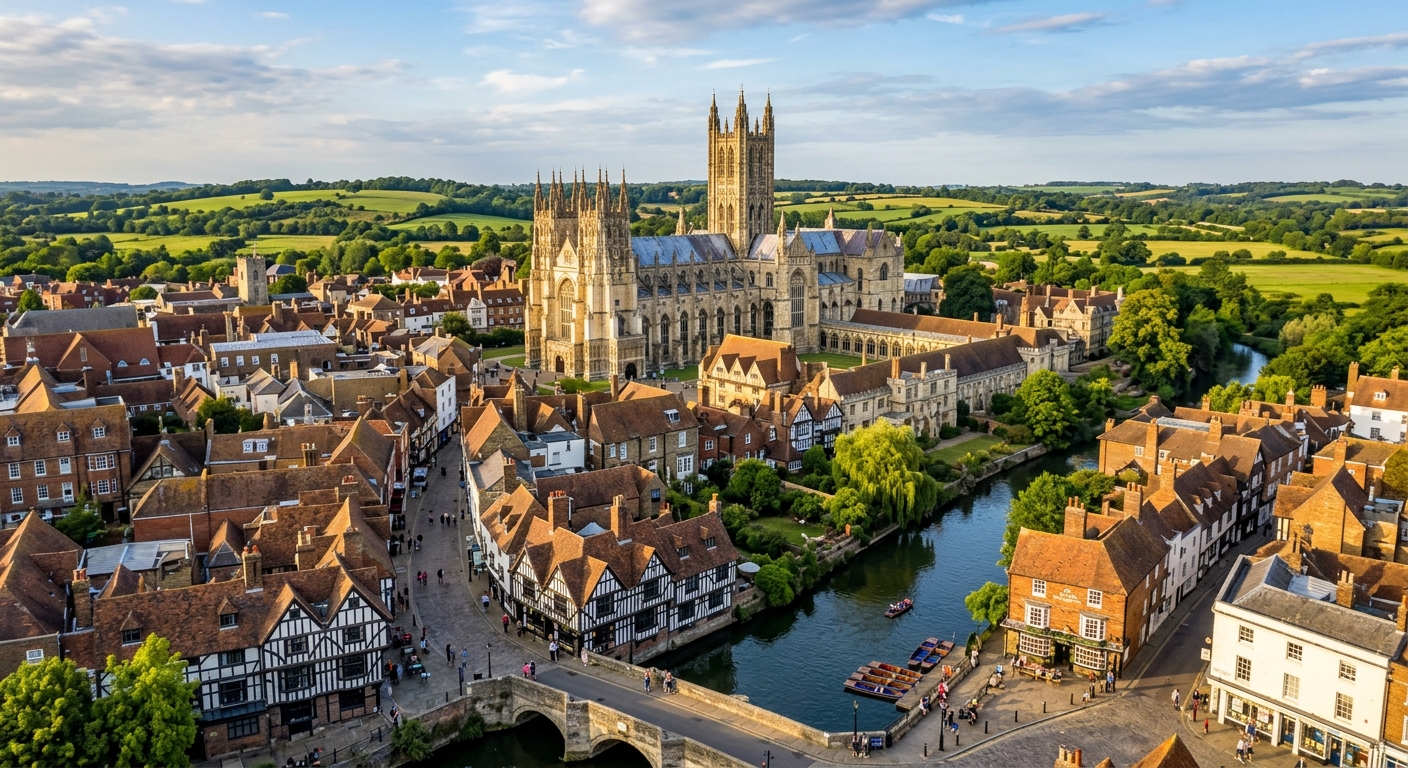 Canterbury city skyline with Canterbury Cathedral prominent in centre, medieval streets, River Stour, historic timber-framed buildings, warm afternoon light, green countryside in background