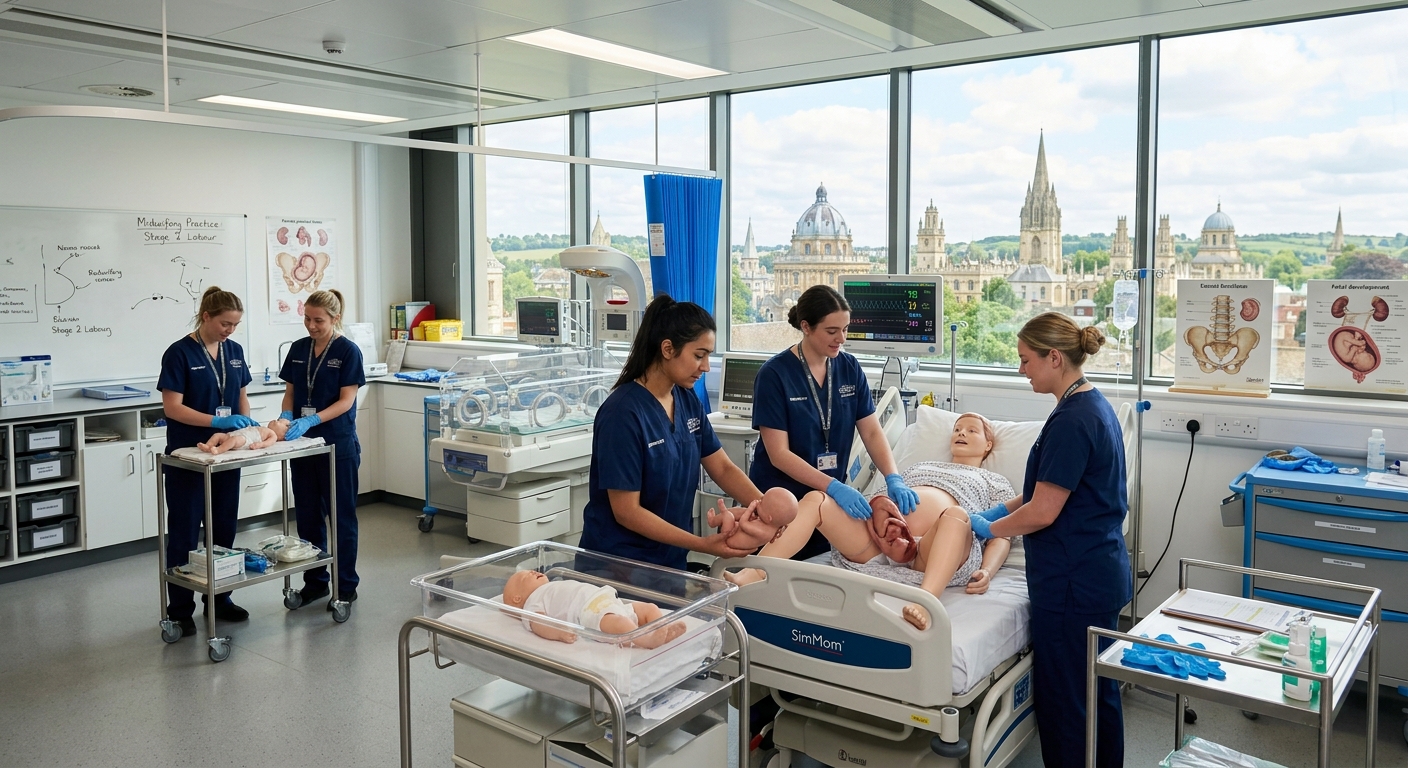 Oxford Brookes University Headington Campus with modern clinical simulation suite, midwifery students practicing in a bright skills lab with anatomical models and medical equipment, Oxford skyline visible through large windows