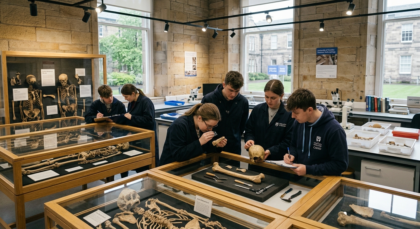 University of Dundee campus in Scotland with historic stone buildings, forensic science laboratory setting, skeletal remains display cases, and students examining archaeological artifacts under professional lighting
