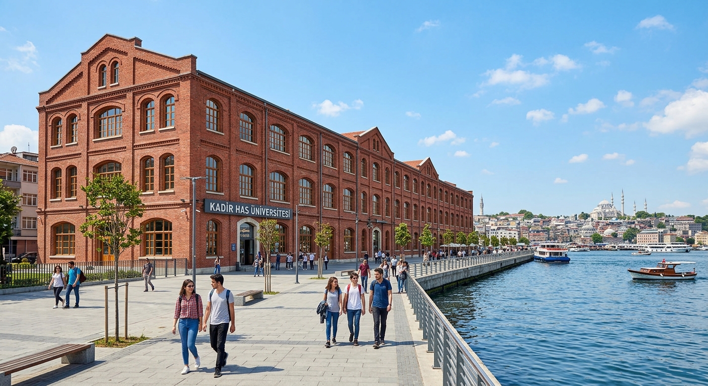 Kadir Has University main campus building exterior, restored red brick Ottoman-era tobacco factory facade along the Golden Horn waterfront, sunny day with blue sky, students walking along waterfront promenade