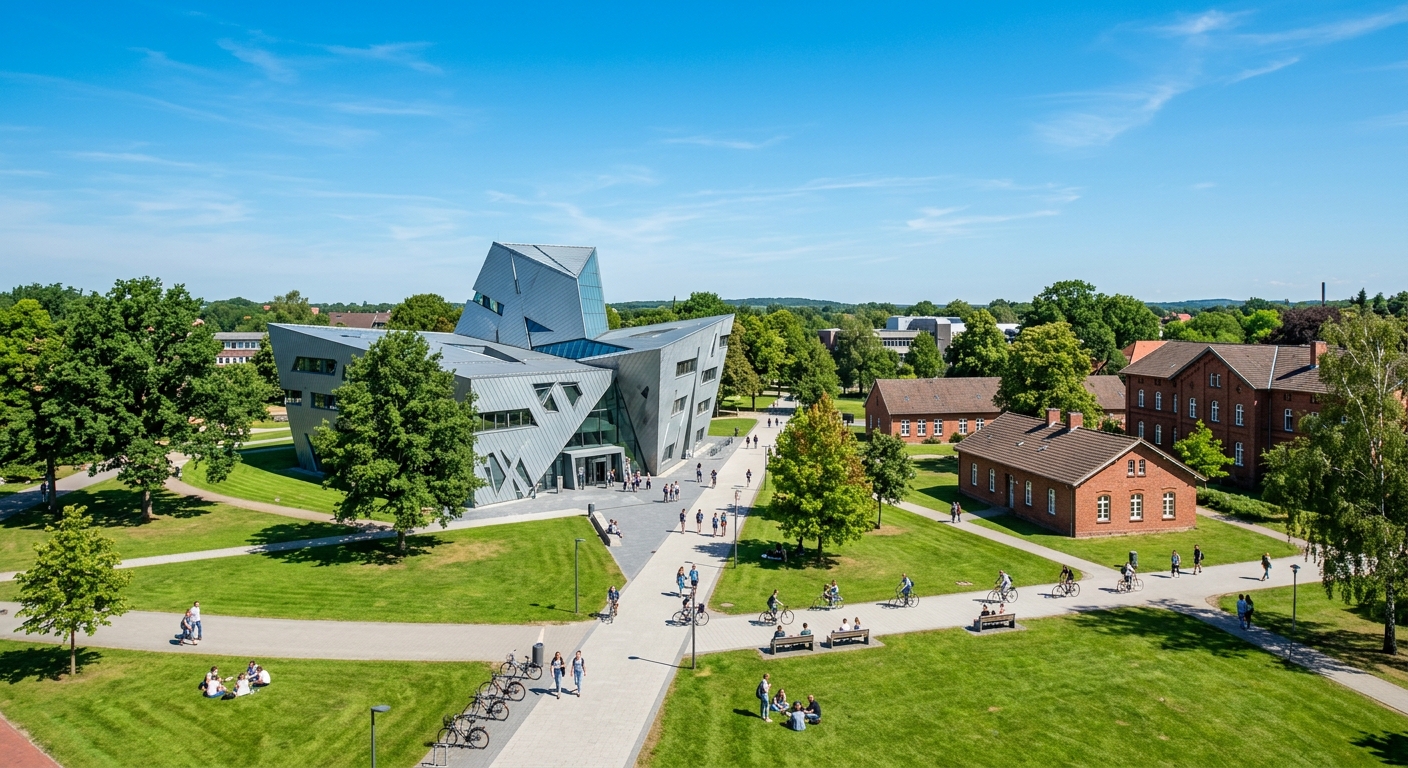 Leuphana University Lüneburg campus wide shot featuring the iconic Daniel Libeskind Central Building with its angular modern architecture, surrounded by green lawns and renovated historic barracks buildings, under a clear blue sky