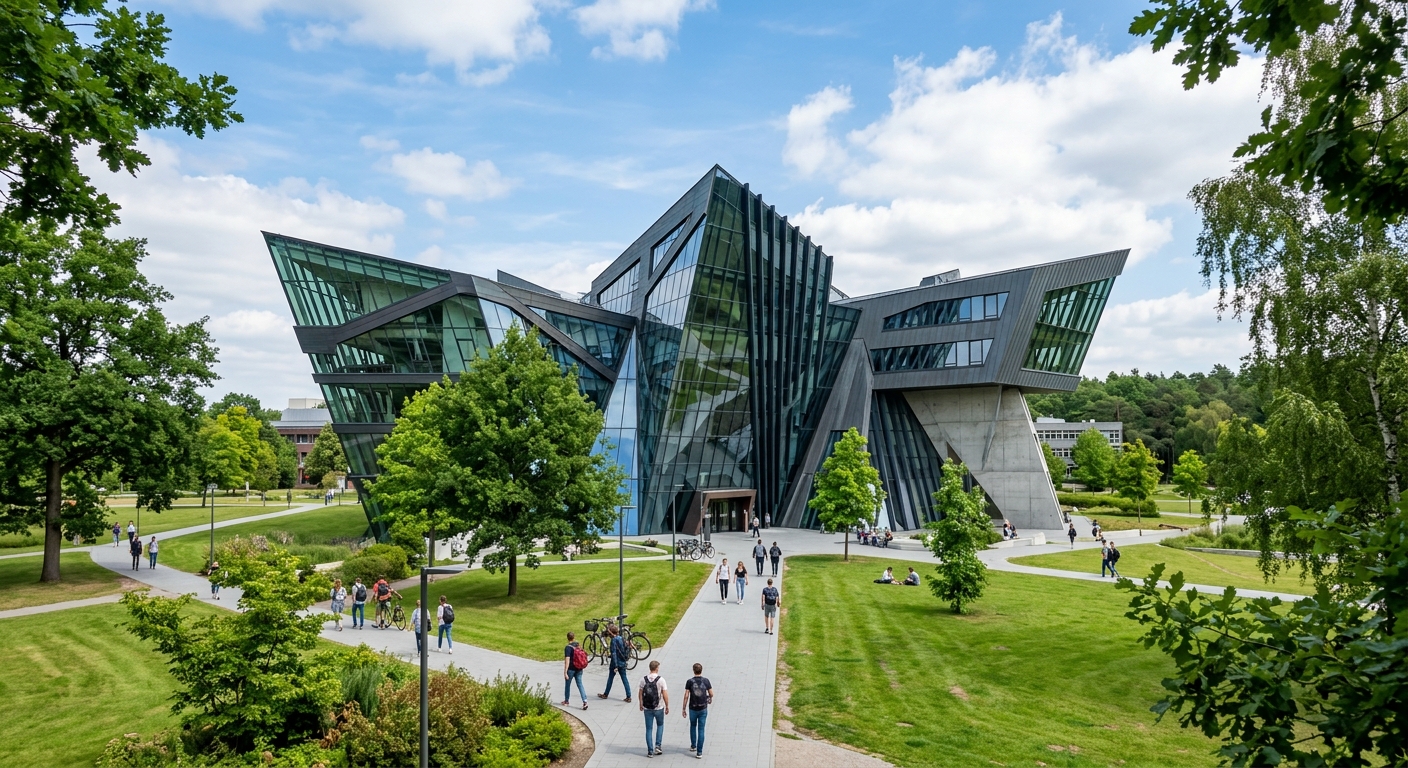 Leuphana University Daniel Libeskind Central Building, angular modern glass and steel architecture with dramatic geometric shapes, set against green campus grounds