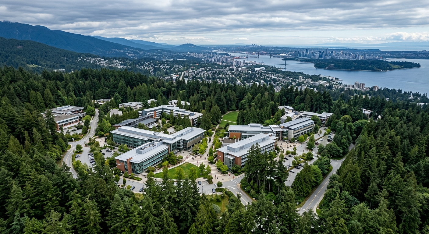 Capilano University main campus aerial view nestled among lush green forests on the North Shore Mountains, modern campus buildings surrounded by tall evergreen trees, overcast Pacific Northwest sky, North Vancouver cityscape and ocean inlet visible in the distance