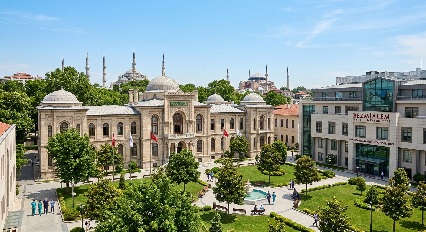 Bezmialem Vakıf University main campus in Fatih Istanbul, historic Ottoman-era hospital building with modern medical complex, green courtyard, minarets visible in background, clear blue sky