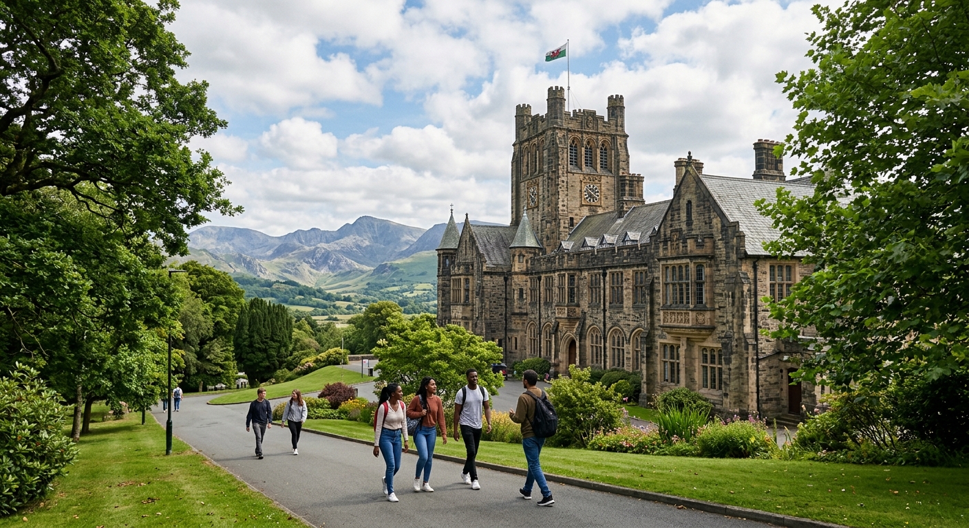 Historic Bangor University campus building with stone architecture surrounded by lush green grounds, mountains of Snowdonia visible in the background, students walking along tree-lined pathways under a partly cloudy sky in North Wales