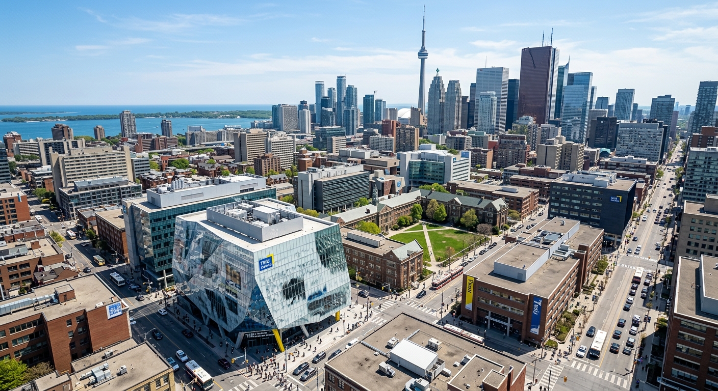 Toronto Metropolitan University campus aerial view, downtown Toronto skyline with CN Tower in background, modern Student Learning Centre building on Yonge Street, urban campus surrounded by city streets, bright daytime lighting