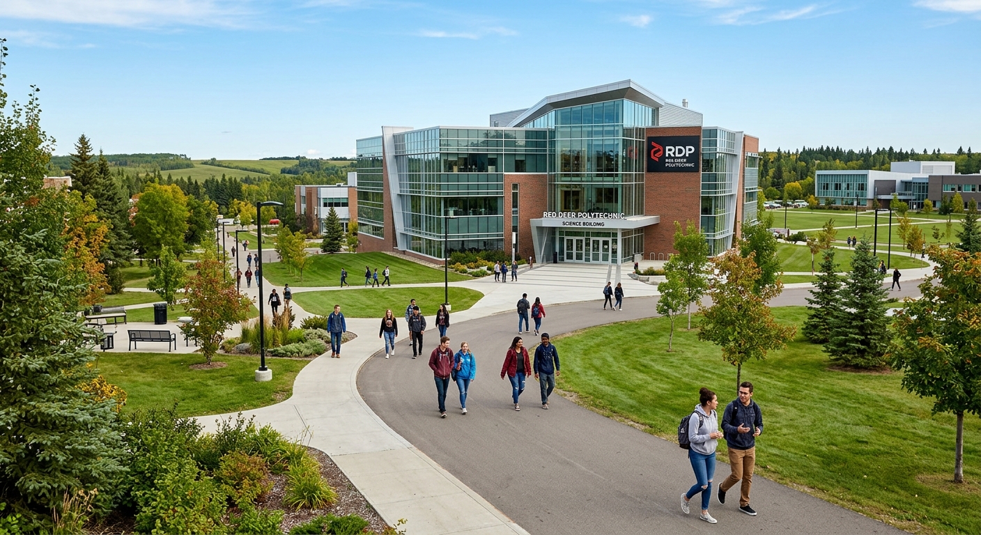 Red Deer Polytechnic campus in Red Deer, Alberta, Canada with modern science building, students walking on pathways surrounded by green landscape, clear blue sky, Canadian polytechnic institution setting