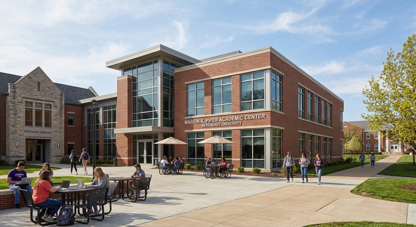 Marion K. Piper Academic Center at McKendree University, modern student union building at the center of campus, students studying and socializing, adjacent to the Holman Library