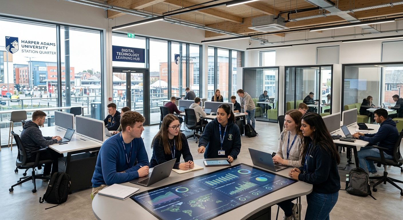 Modern digital technology learning space at Harper Adams University Station Quarter in Telford, students collaborating around data visualisation screens, bright contemporary interior with glass walls and open-plan workstations