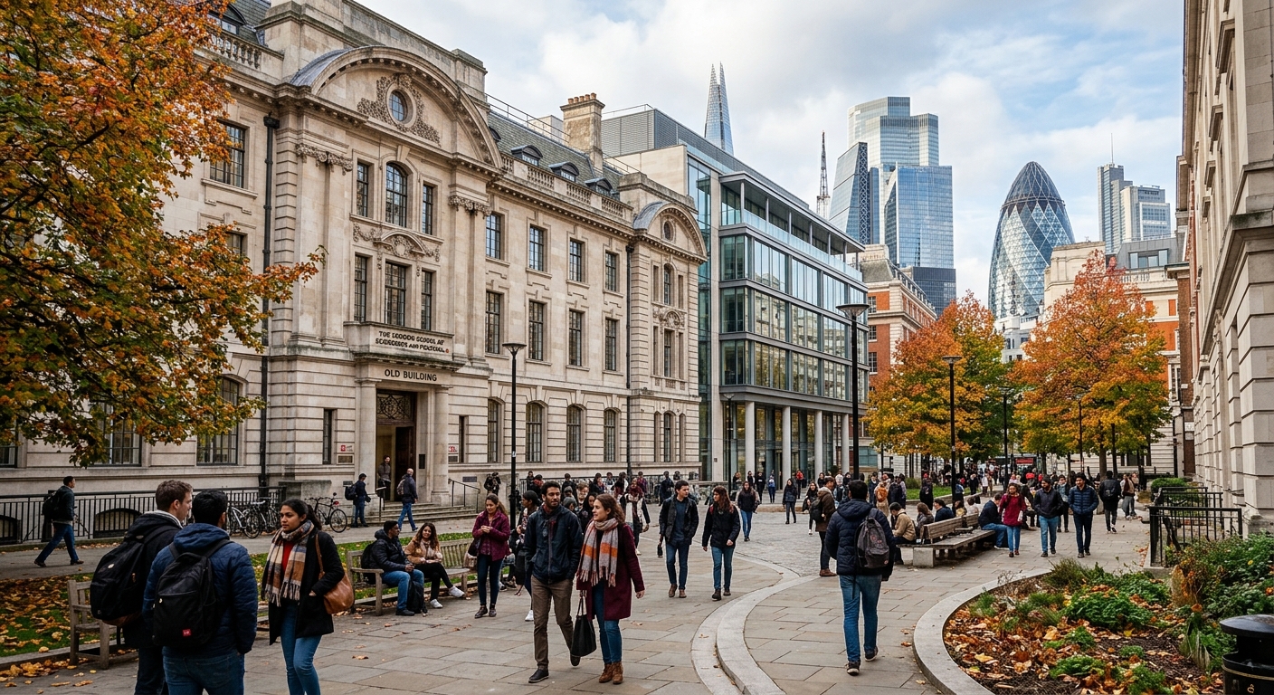 London School of Economics campus building in central London, historic stone architecture with modern glass additions, students walking through courtyard, autumn trees lining pathways, city skyline visible in background