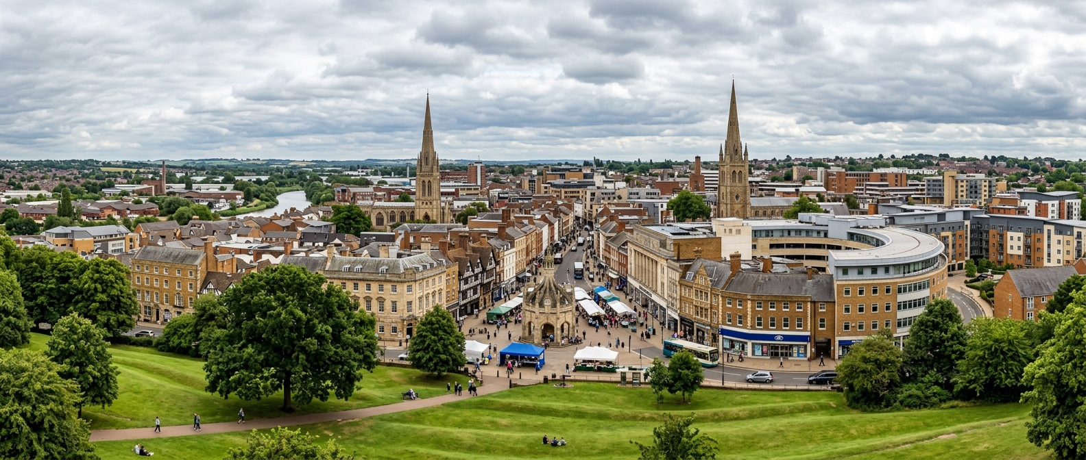 Panoramic view of Northampton town centre showing the historic Market Square, church spires, mix of historic and modern buildings, green parkland in the foreground, overcast English sky