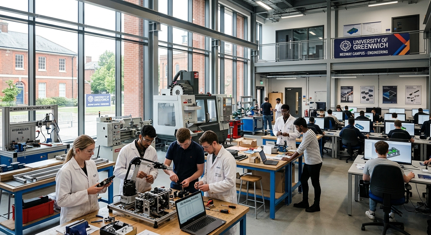 University of Greenwich Medway Campus engineering building with modern laboratories, students working on mechanical engineering projects, industrial equipment and CAD workstations visible, bright daylight through large windows