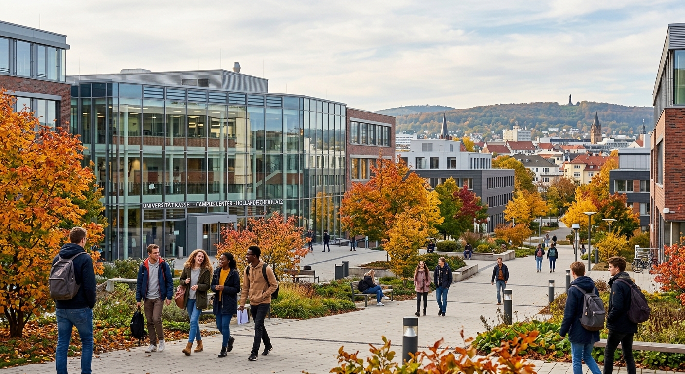 University of Kassel main campus at Holländischer Platz, modern academic buildings with glass facades, students walking through a landscaped courtyard, Kassel cityscape in the background, autumn foliage
