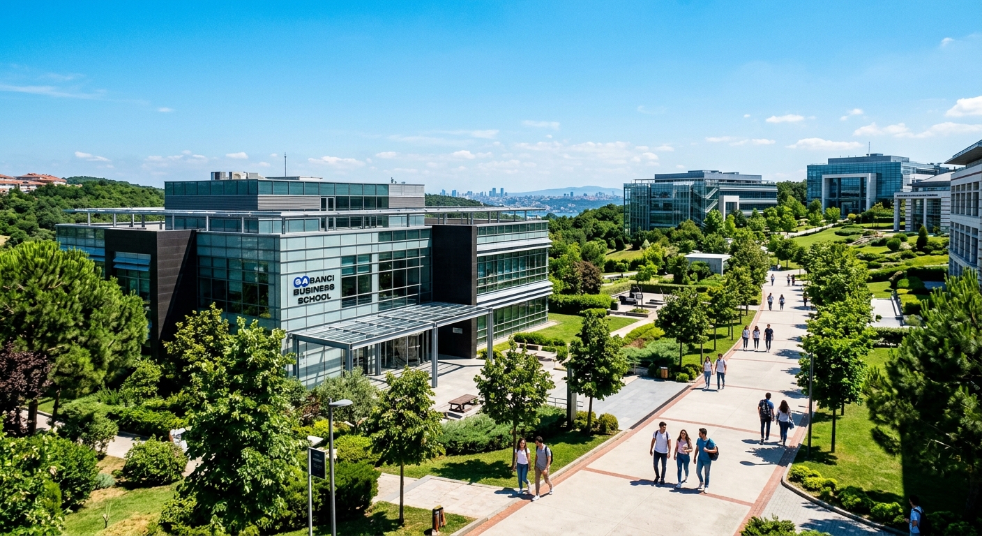 Modern Sabancı University campus in Istanbul Turkey, contemporary glass and steel academic buildings surrounded by green landscaping, students walking along tree-lined pathways, Sabancı Business School building in the foreground with a clear blue sky