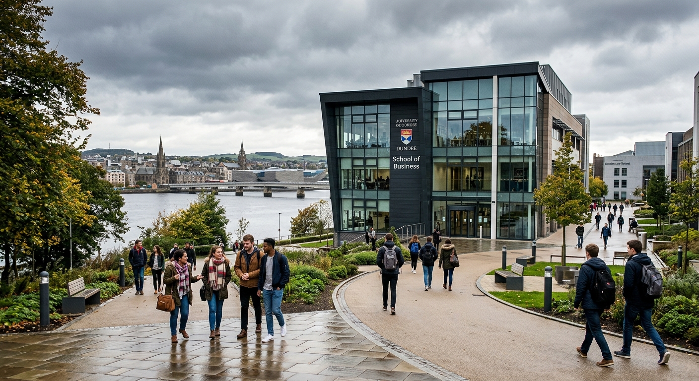 University of Dundee School of Business campus building with modern architecture, students walking along pathways, Scottish cityscape in background with River Tay, overcast sky, contemporary educational environment
