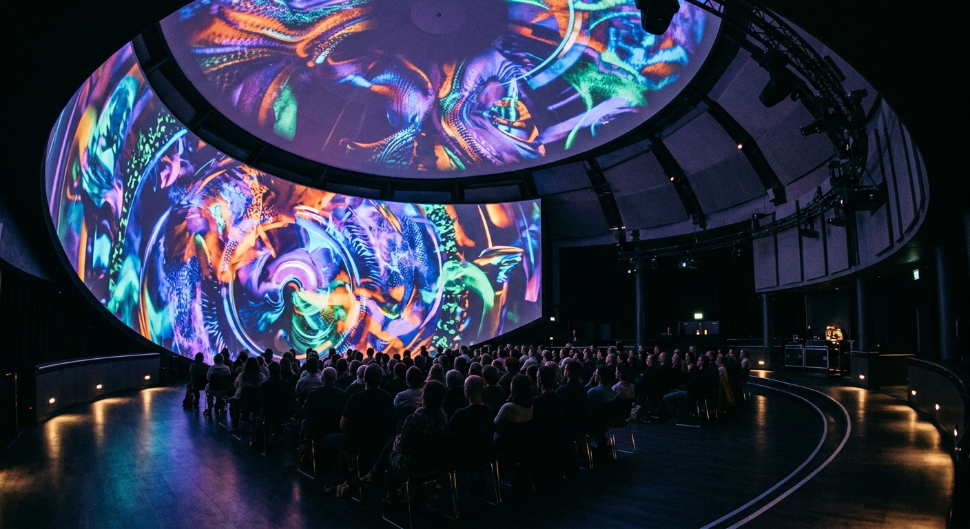 Interior of a large immersive dome with colorful 360-degree projections on curved walls, silhouetted audience members, atmospheric lighting, Plymouth Market Hall creative technology venue