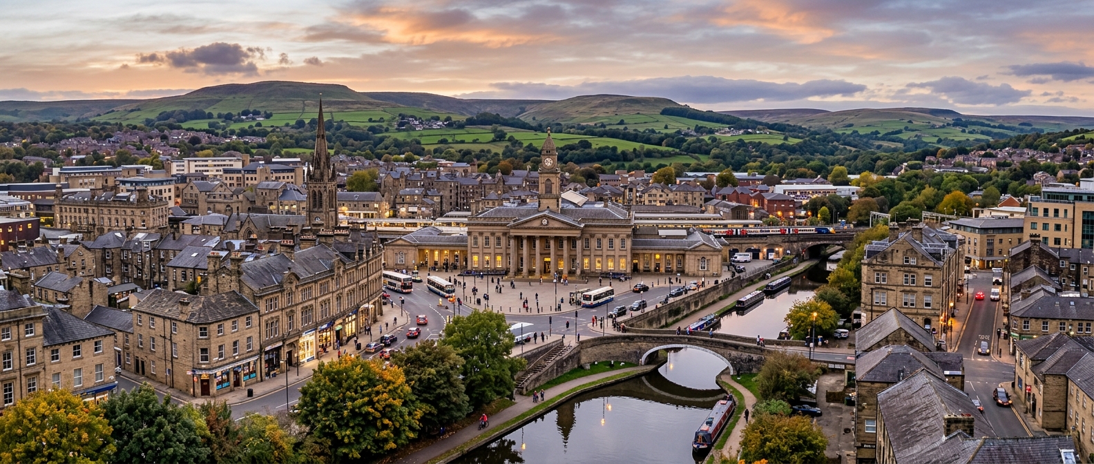 Huddersfield town centre panoramic view, Victorian stone buildings, Huddersfield train station with neoclassical facade, green Pennine hills in background, canal waterway