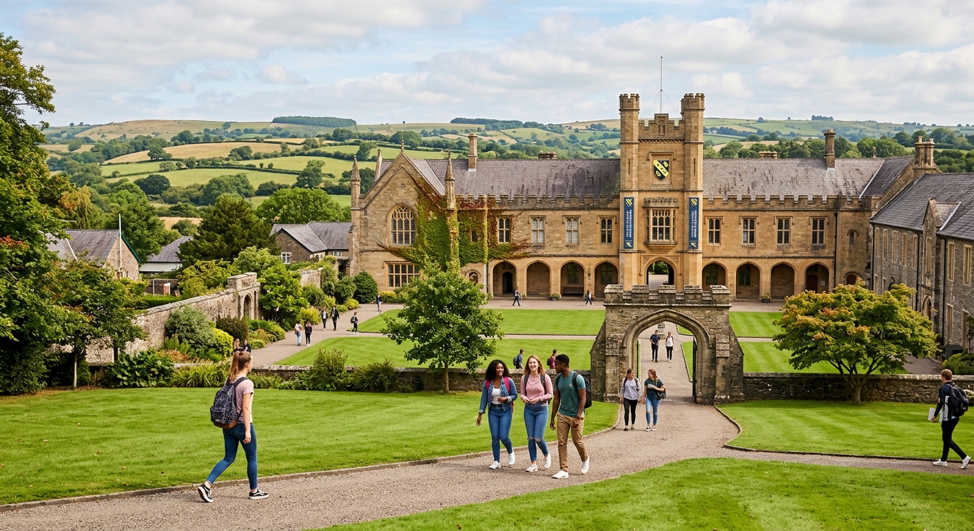 Historic Carmarthen campus of University of Wales Trinity Saint David, stone buildings with green quadrangle, students walking through campus grounds, Welsh countryside in background, warm daylight