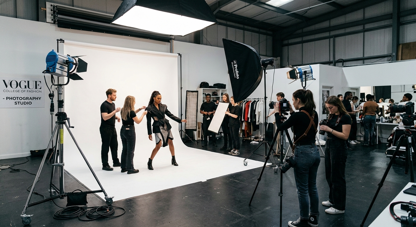 Photography studio interior at Vogue College of Fashion, professional lighting equipment, white backdrop, modern cameras on tripods, students working on a fashion shoot