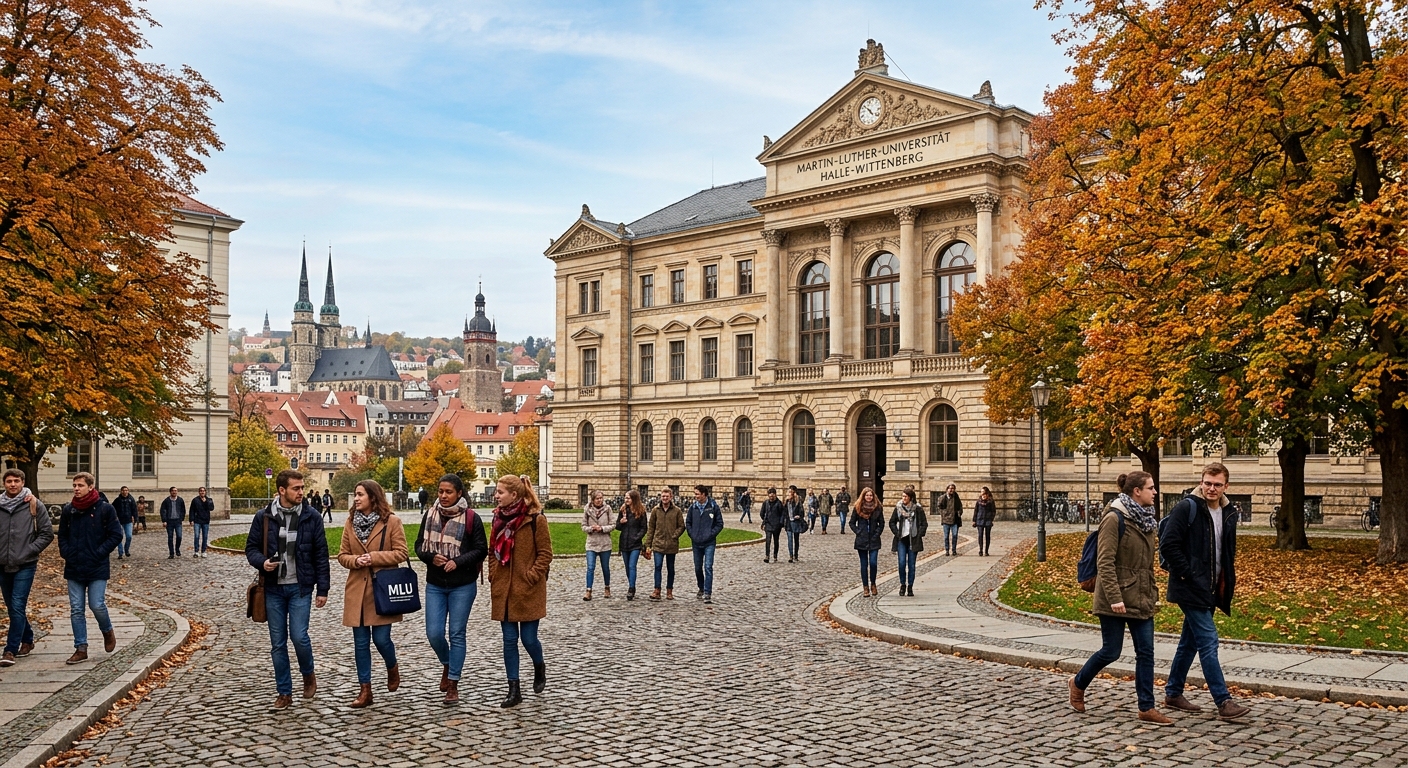 Historic university building at Martin Luther University Halle-Wittenberg with classical European architecture, students walking through cobblestone courtyard, autumn trees lining the path, Halle Saale cityscape in background