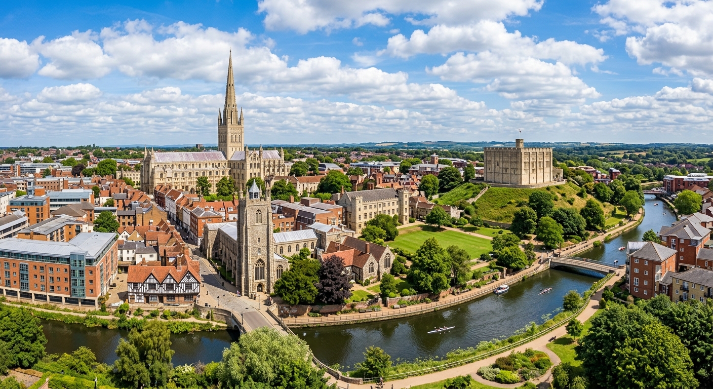 Norwich city skyline with Norwich Cathedral spire, Norwich Castle on the hill, River Wensum winding through the historic city centre, medieval architecture mixed with modern buildings, green parks, blue sky with clouds