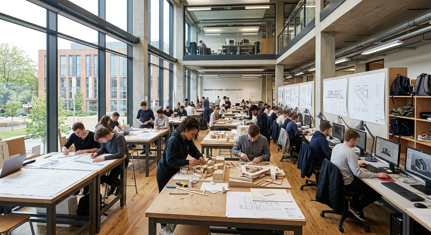 Modern university architecture studio with students working on building models and technical drawings, large design tables, CAD workstations, natural light from tall windows, University of Derby Markeaton Street campus