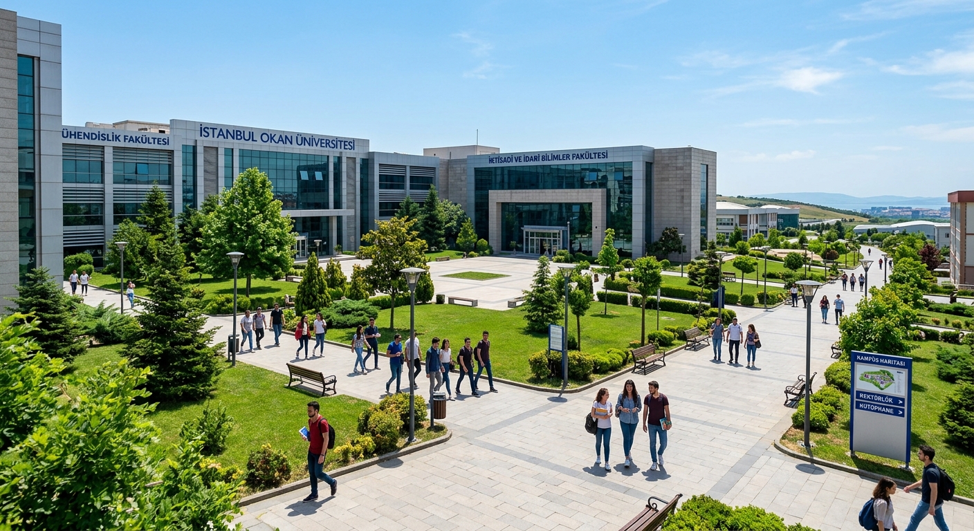Istanbul Okan University Tuzla campus with modern academic buildings, green courtyards, and students walking between lecture halls under a clear Istanbul sky