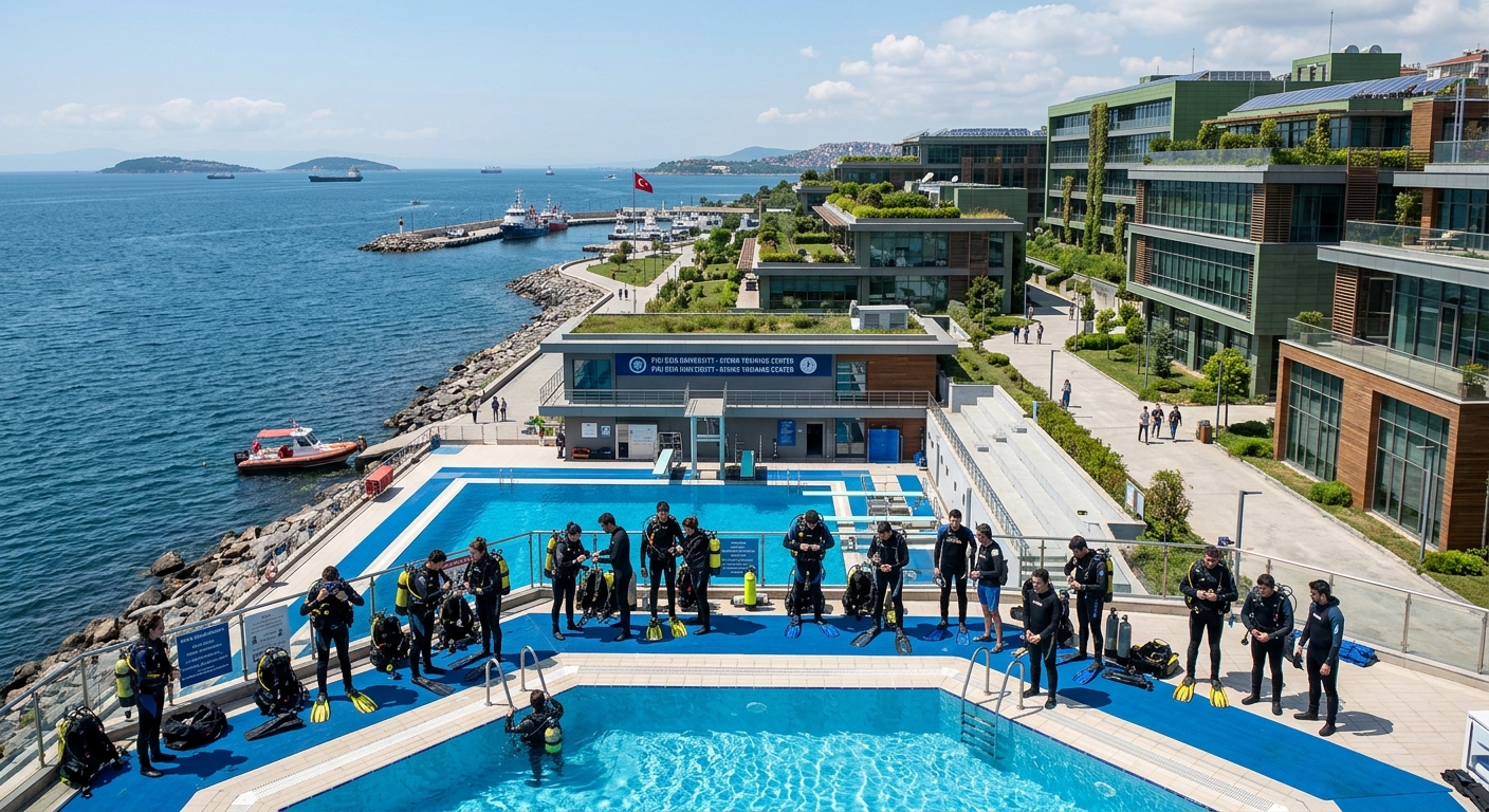 Piri Reis University seaside campus in Tuzla Istanbul with modern green buildings overlooking the Marmara Sea, professional diving training pool visible, students in diving gear preparing for underwater exercises