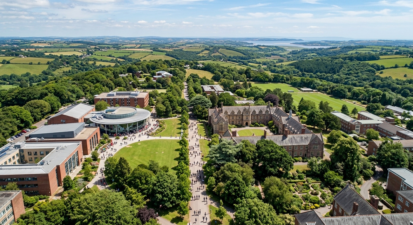 Aerial view of University of Exeter Streatham Campus with green parkland, historic buildings and modern facilities, students walking along tree-lined paths with Devon countryside in the background