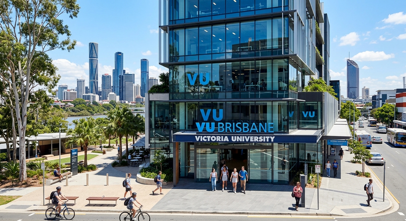 Modern Victoria University Brisbane campus building in Fortitude Valley with glass facade, students walking through the entrance, Brisbane city skyline in the background, sunny Australian day