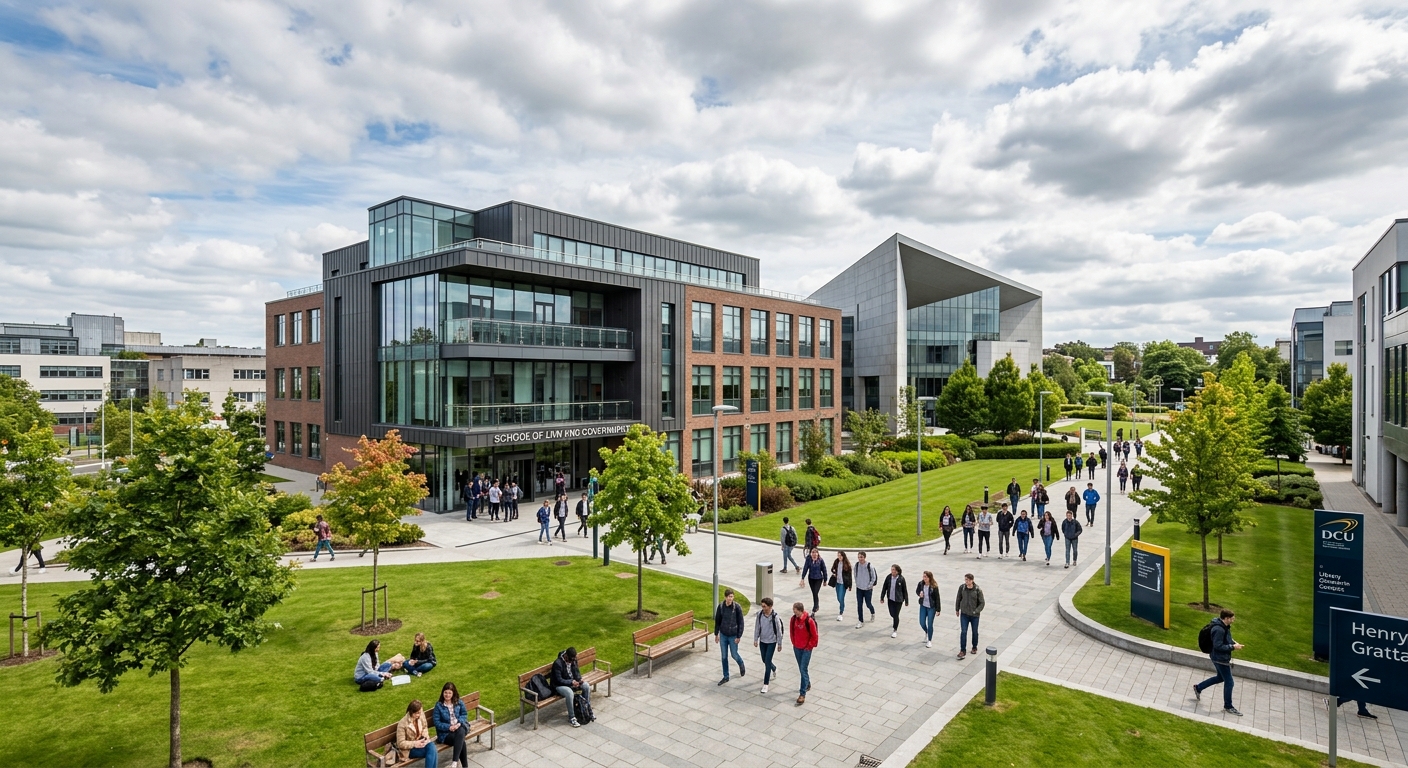 Dublin City University Glasnevin campus with modern academic buildings, green lawns, and students walking between the School of Law and Government building under a partly cloudy Irish sky