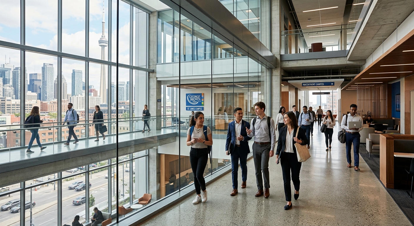 Modern campus building at George Brown College St. James Campus in downtown Toronto, students walking through glass-walled corridors with city skyline visible, professional business environment