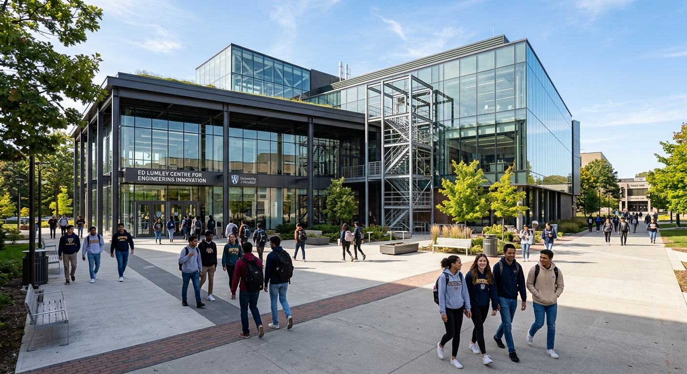 Ed Lumley Centre for Engineering Innovation at the University of Windsor, modern glass and steel building with large Industrial Courtyard, students walking outside on a sunny day