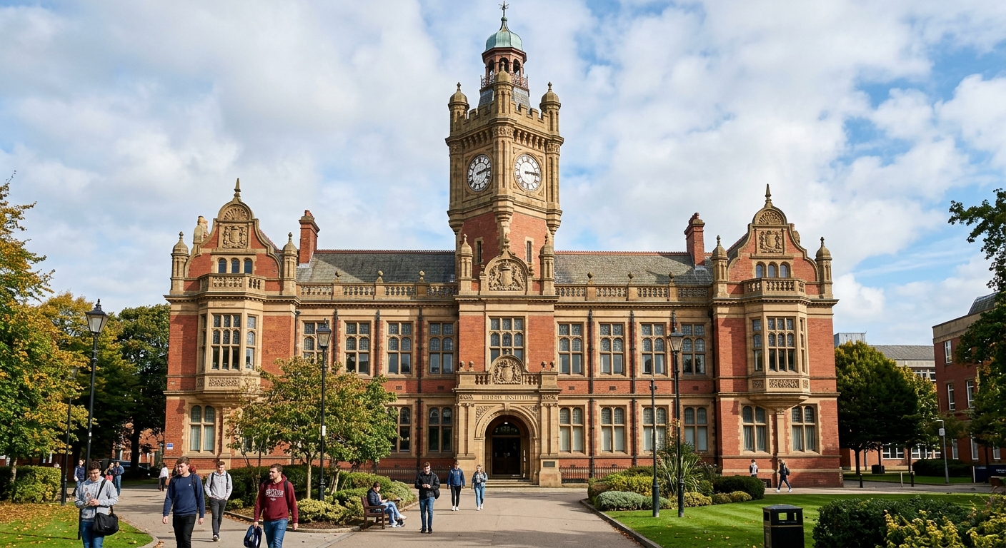 Historic Harris Building at University of Lancashire, Victorian red brick architecture with ornate stone detailing, clock tower, traditional English university building