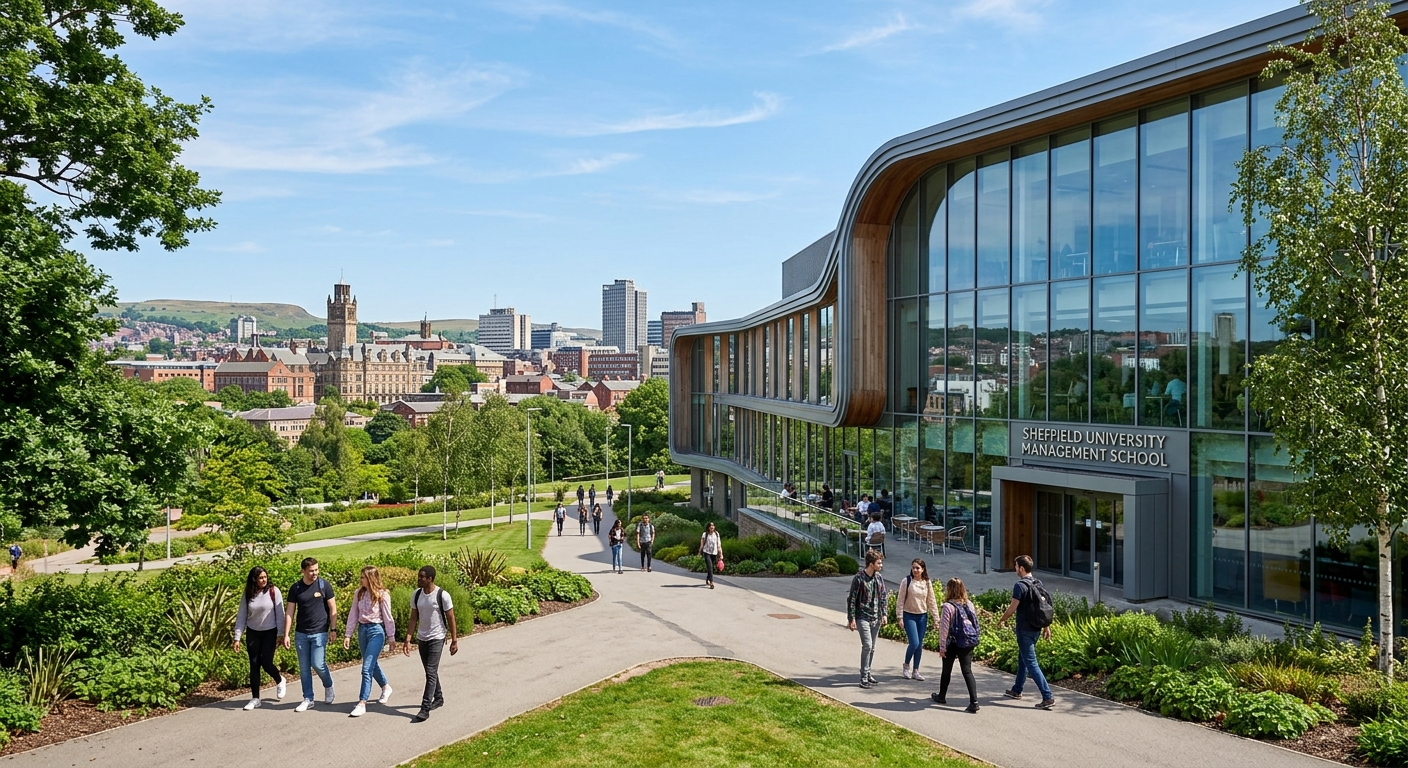 Sheffield University Management School modern building exterior with glass facade, students walking on campus pathways surrounded by green landscaping, Sheffield cityscape in background under clear skies