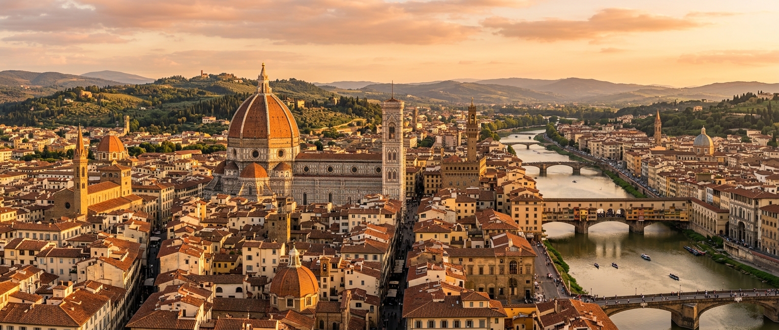 Panoramic view of Florence Italy skyline at golden hour, the Duomo cathedral dome dominating the cityscape, terracotta rooftops, Arno river winding through the city, Tuscan hills in the distance