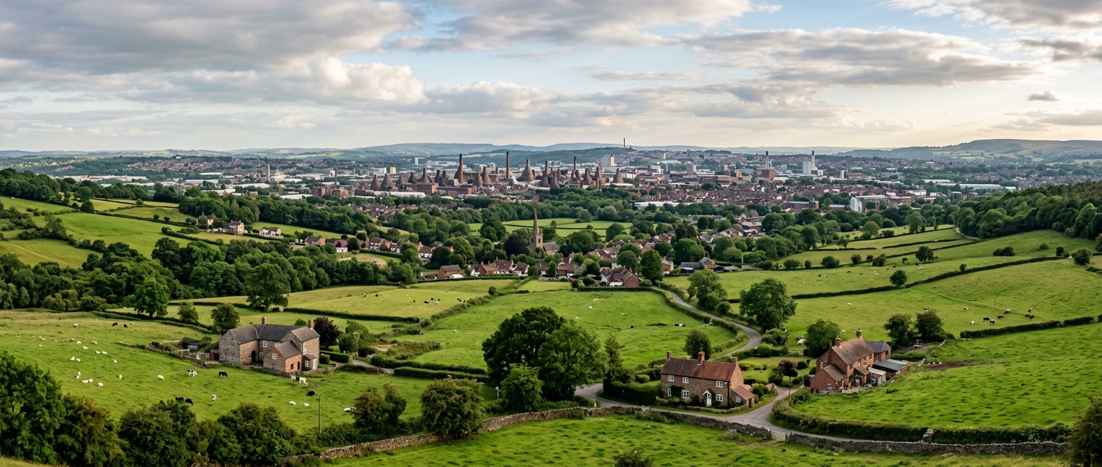 Panoramic view of the Staffordshire countryside near Newcastle-under-Lyme with rolling green hills, traditional English buildings, and the Potteries skyline in the distance
