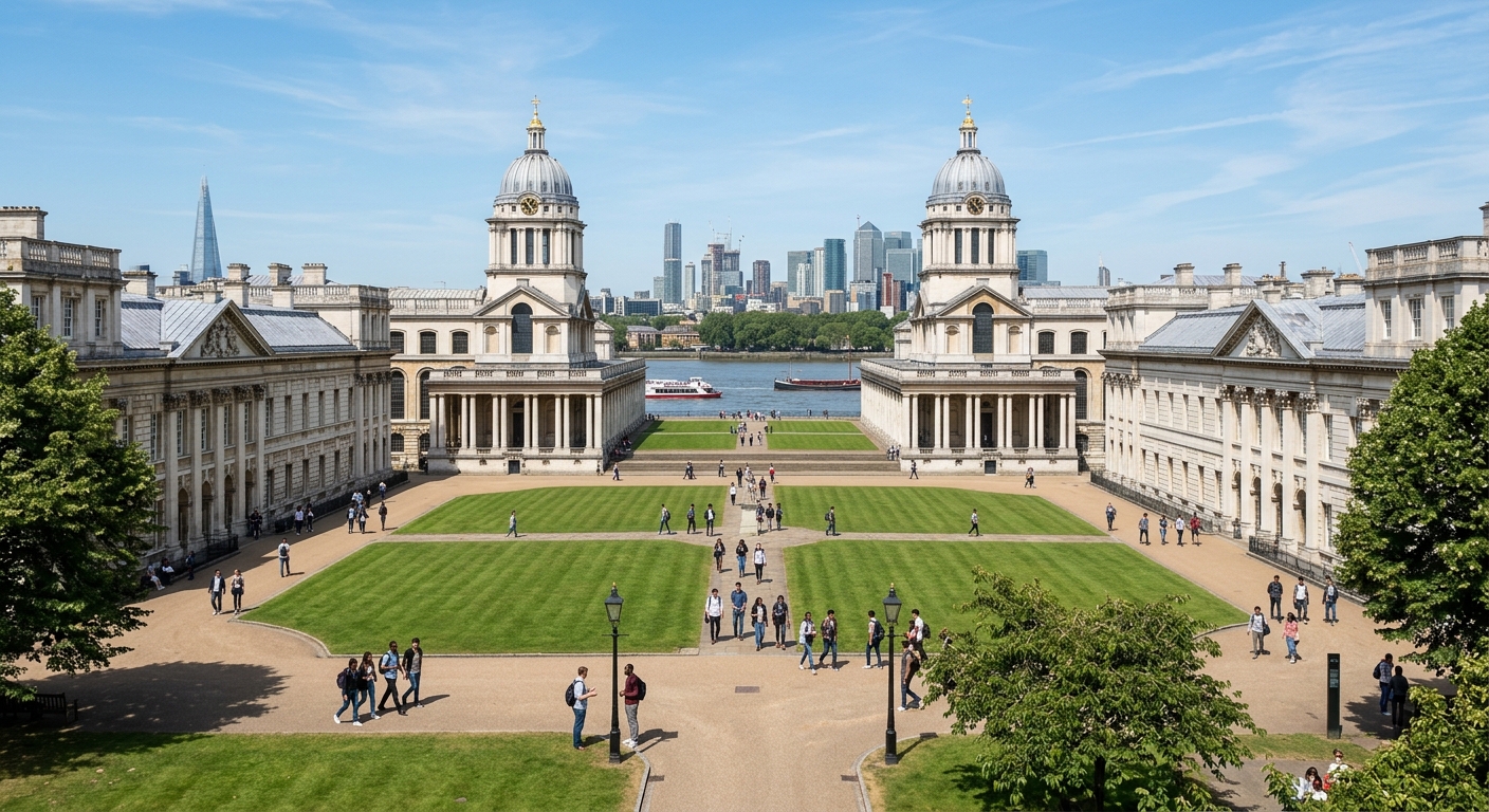 Historic University of Greenwich campus at the Old Royal Naval College on the banks of the River Thames, baroque architecture with green lawns, students walking between Christopher Wren-designed buildings under a clear sky, southeast London